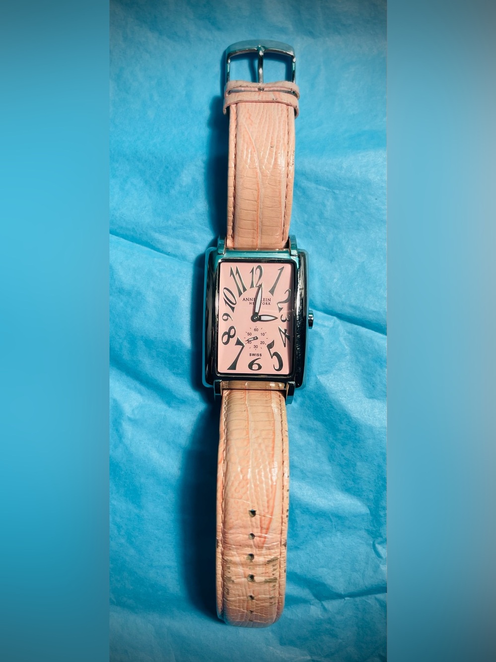 VTG Anne Klein NY Pink Leather Tank Watch Swiss Mov 1069S/2